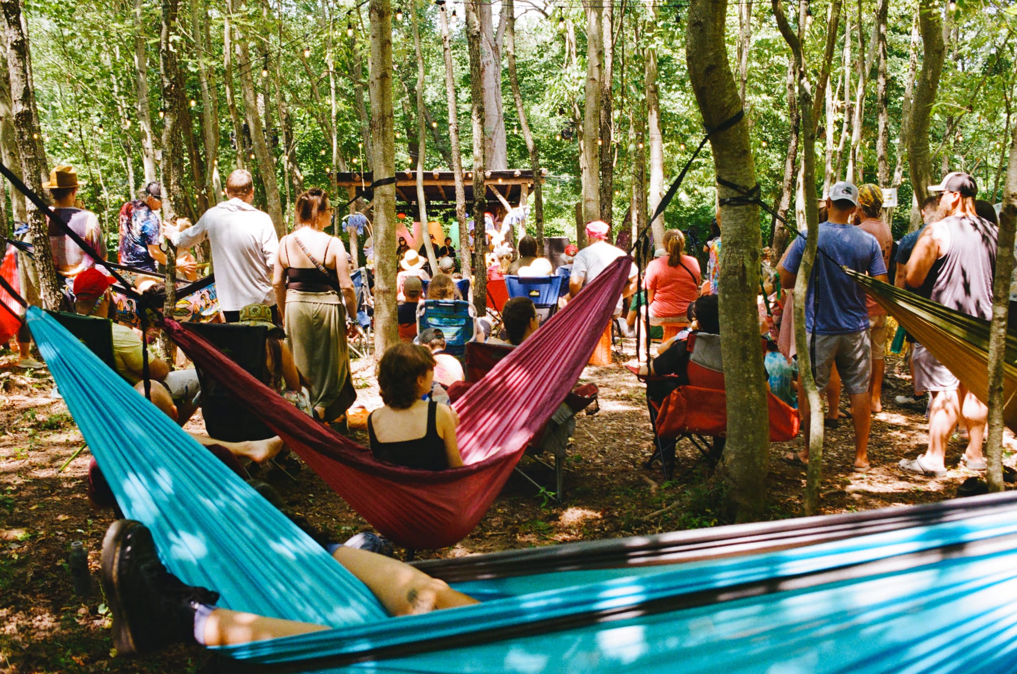 Hammocks hanging around Creekside Stage during Nelsonville Music Festival